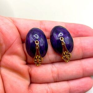 Vintage Gold Tone Purple Enamel Stud Dangle Drop Statement Earrings